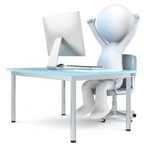 3D little human character sitting by computer screen with arms up. People series.